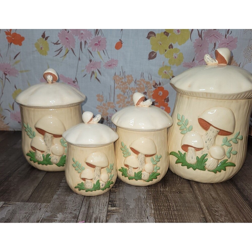 Arnels Merry Mushroom 4 Piece Canister Set With Lids Neutral Colors 1972 Vintage